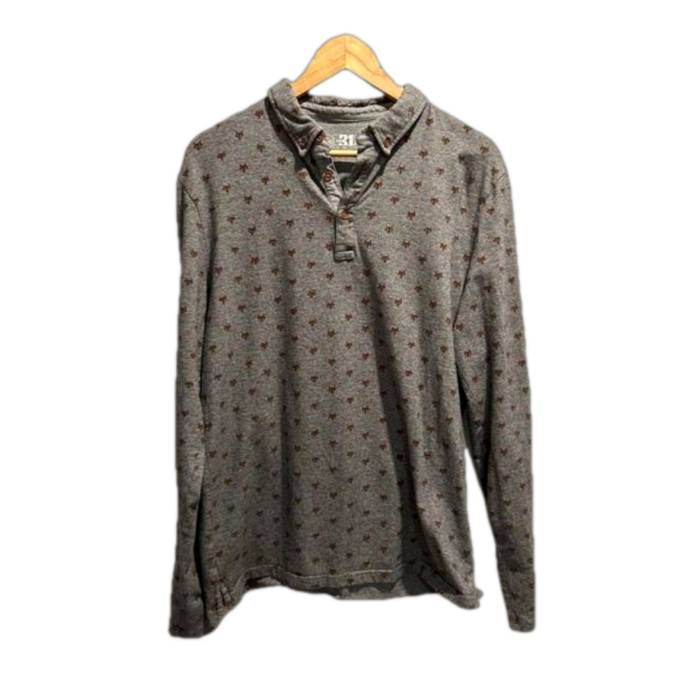 Le 31 by Simons Long Sleeve Polo Shirt Fox Print Grey, Size Large